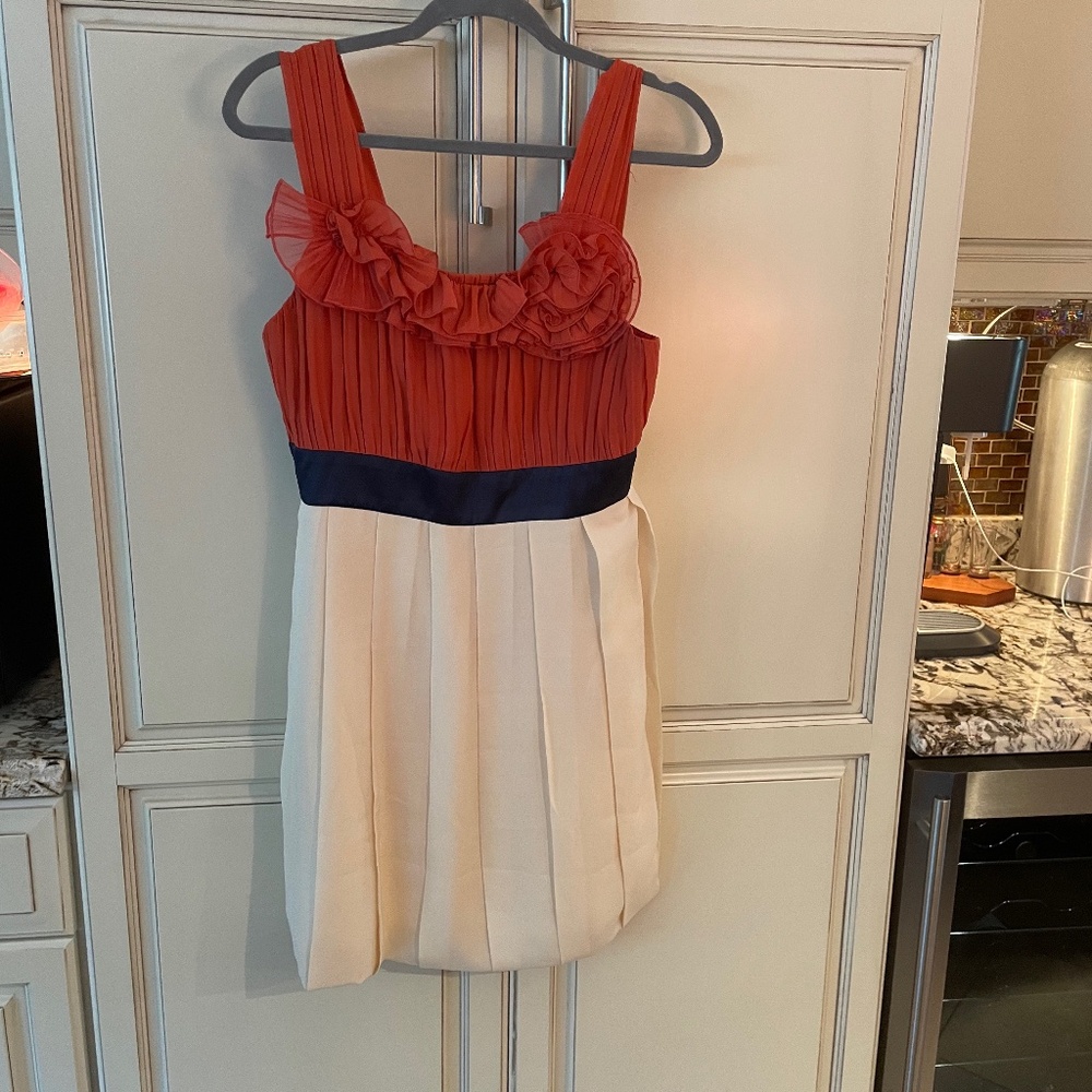 BCBGMAXAZRIA Dress Womens 8 Red Orange Ceram Floral Applique Mini Pleated Silk